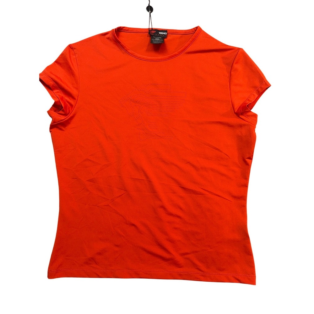 VTG Versace Sport Womens Red Perforated Medusa Logo T-Shirt XL Made in Italy NEW